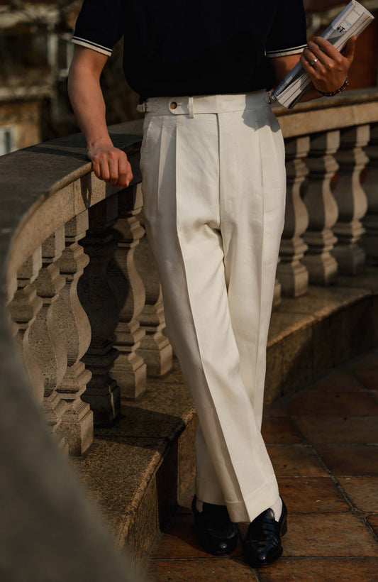 Tussah Silk-Linen Blend Textured Twill High-Waisted Trousers with Side-Adjusters — Wheat White