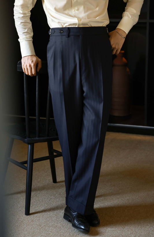 140s Merino Wool High-Waisted Trousers with Side-Adjusters — Dusk Rain Navy