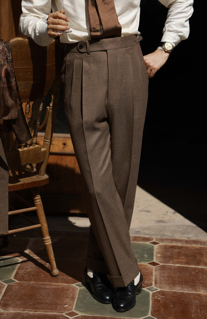 High-Waisted Flannel Suit Trousers with Parisian Side Adjusters — Withered Wood Brown