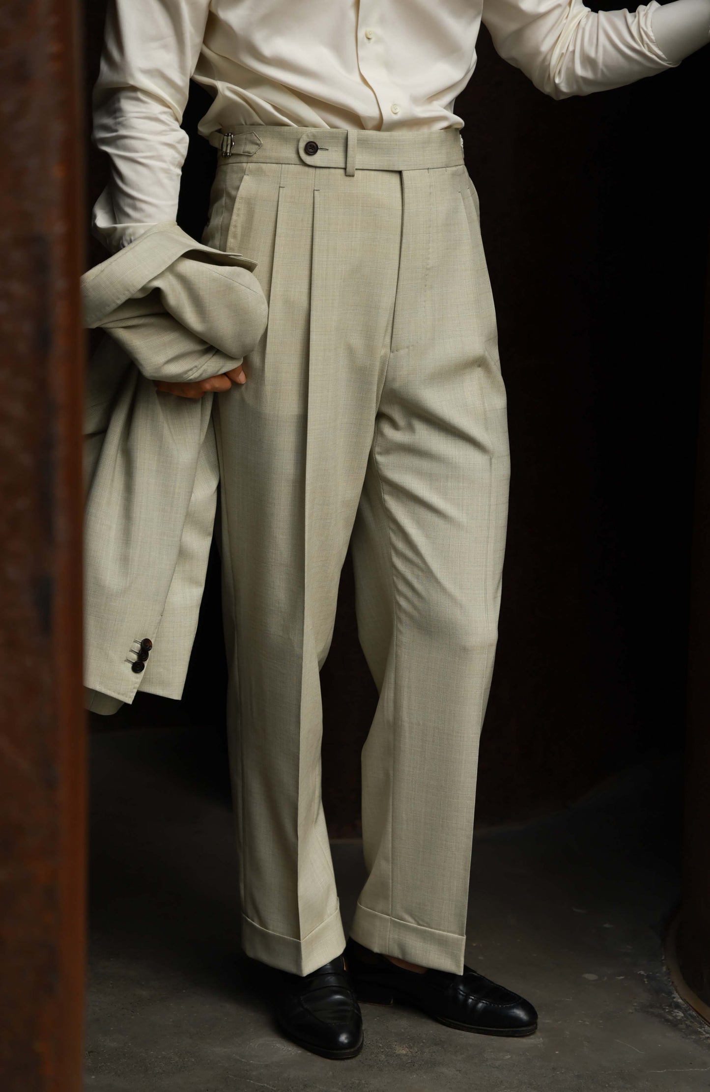 Silk Wool Blend High-Waisted Suit Trousers with Parisian Side Adjusters — Soft Matcha Check