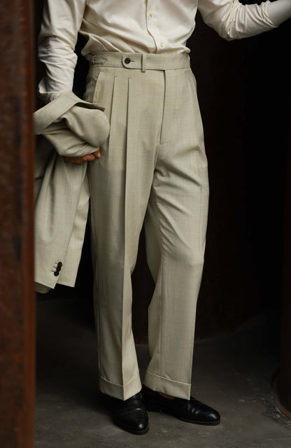 Silk Wool Blend High-Waisted Suit Trousers with Parisian Side Adjusters — Soft Matcha Check