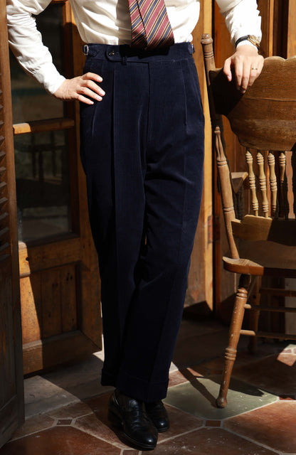 High-Waisted Japanese Corduroy Suit Trousers with Parisian Side Adjusters — Midnight Sheen Navy