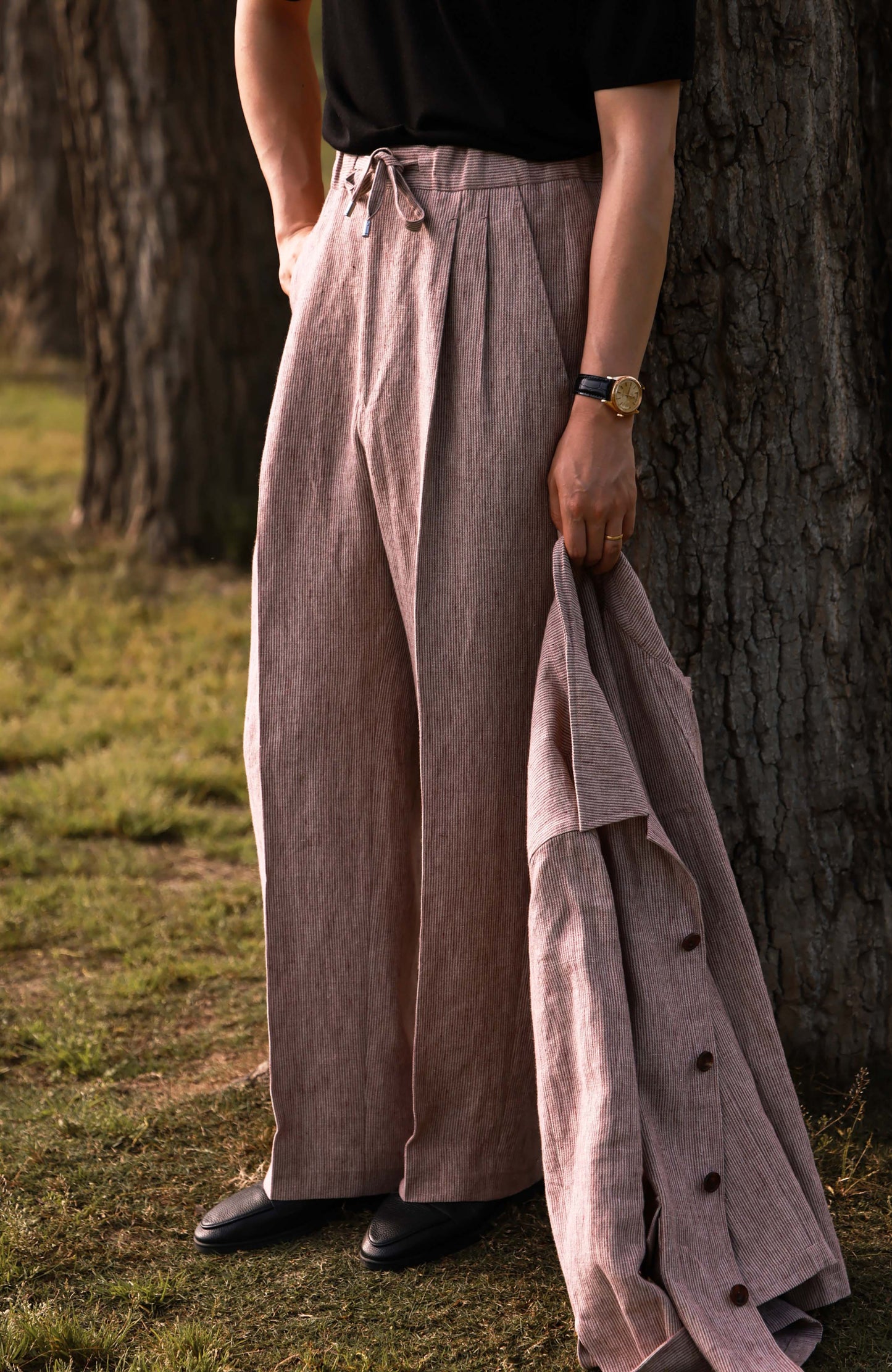 Heavyweight Linen Elasticated Waist with Drawstring Trousers — Terracotta Sand