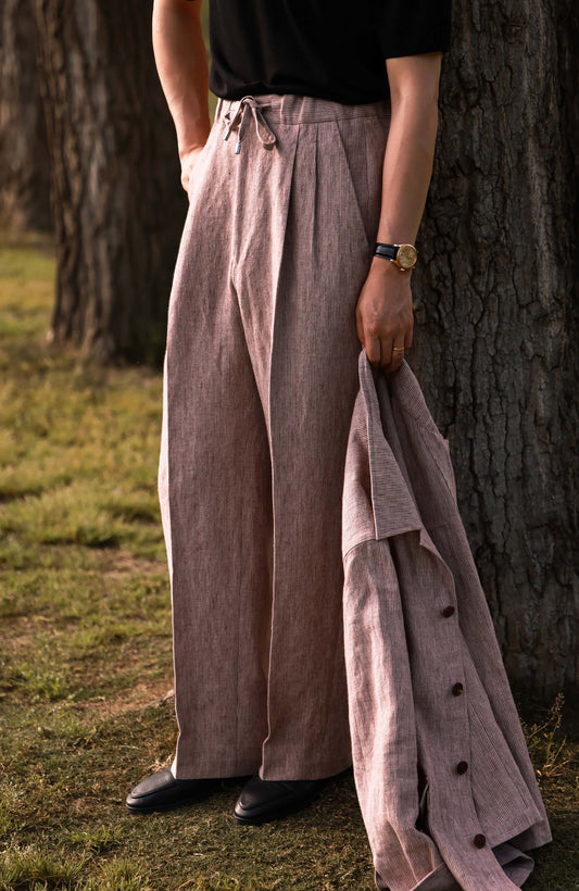 Heavyweight Linen Elasticated Waist with Drawstring Trousers — Terracotta Sand