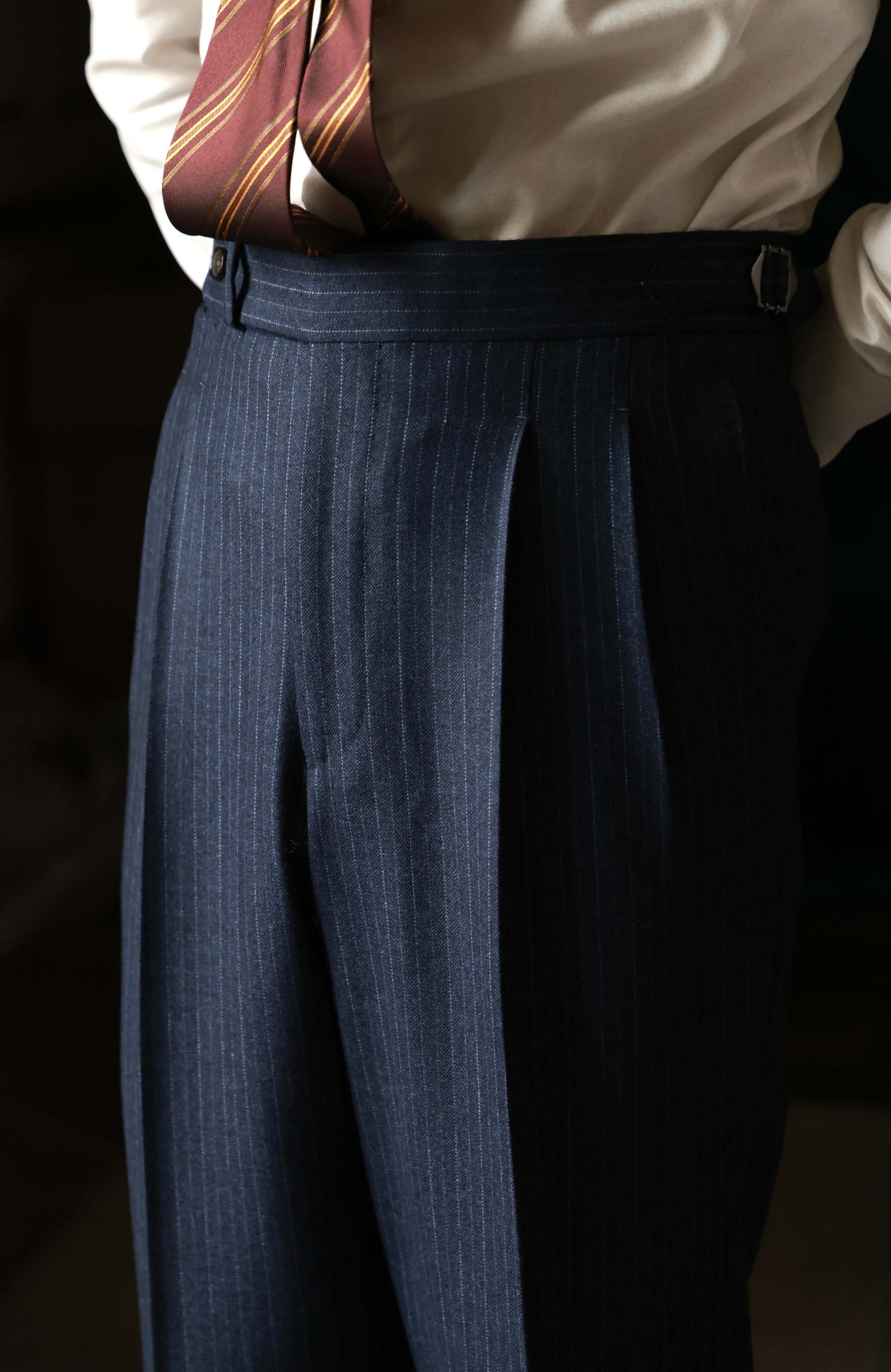 High-Waisted Suit Trousers with Parisian Side Adjusters — Parliament Blue Pinstripe
