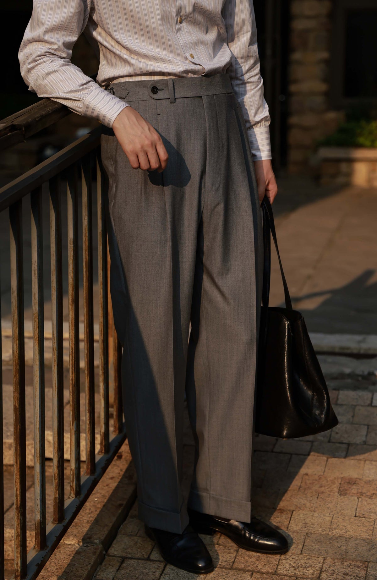 140s Merino Wool High-Waisted Suit Trousers with Side-Adjusters — Stone Grey Herringbone