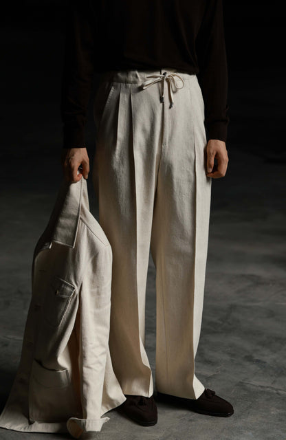 Heavyweight Linen Elasticated Waist with Drawstring Trousers — Oat Beige