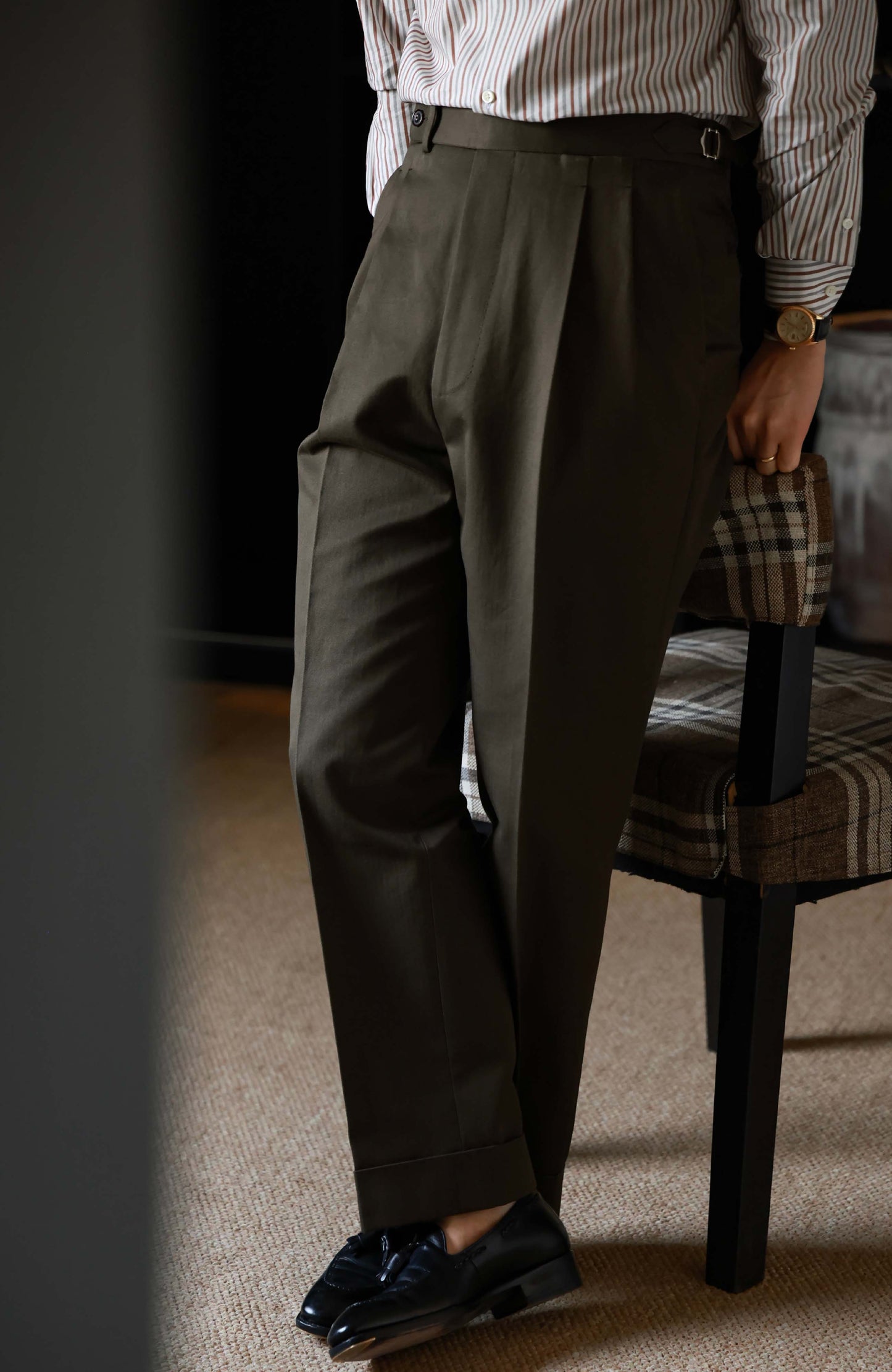 Japanese Heavyweight Cotton Herringbone High-Waisted Trousers with Parisian Side Adjusters — Wild Moss