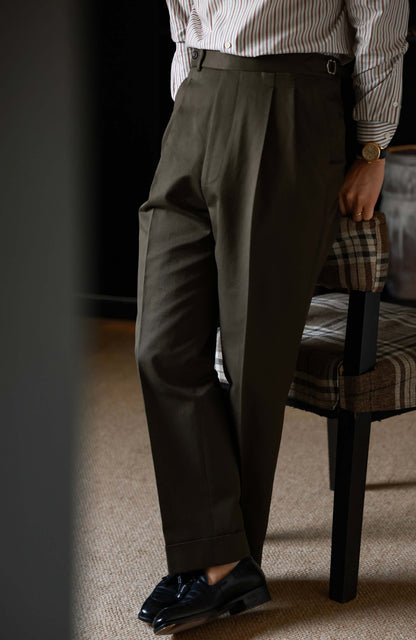 Japanese Heavyweight Cotton Herringbone High-Waisted Trousers with Parisian Side Adjusters — Wild Moss
