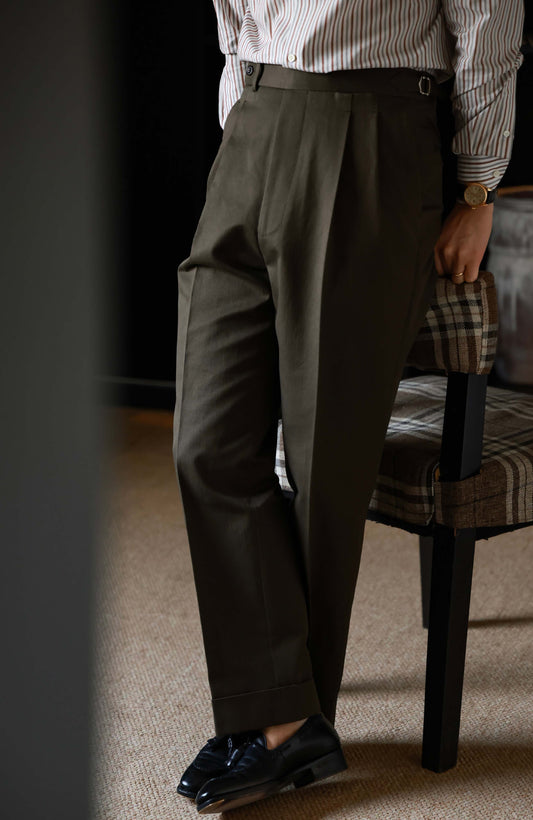Japanese Heavyweight Cotton Herringbone High-Waisted Trousers with Parisian Side Adjusters — Wild Moss