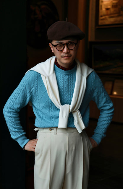 "Nordic Blue Cable Knit" Crew Neck Sweater 