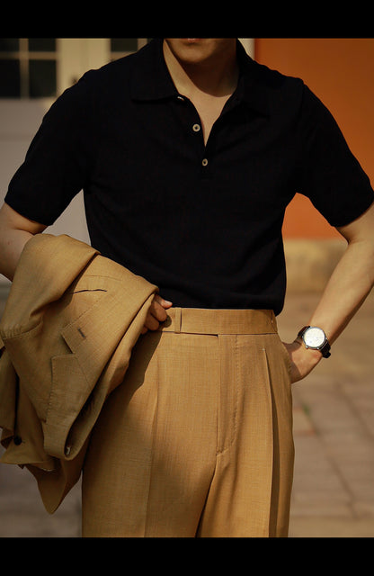 「Navy Blue」combed cotton Shell Buttons Knit Short-Sleeve Polo Shirt