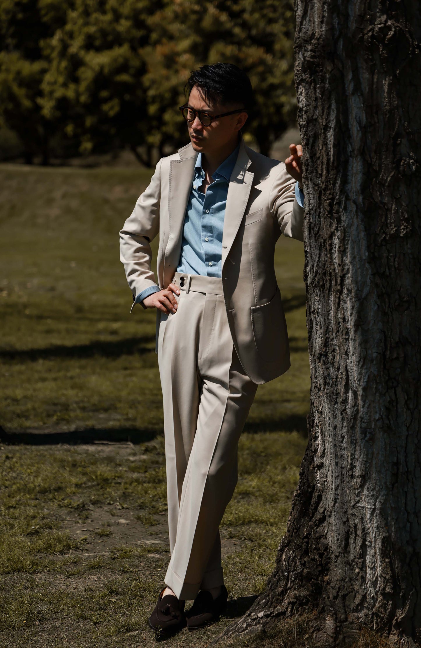 High-Waisted Suit Trousers with Side Adjusters — Sandstone Mist