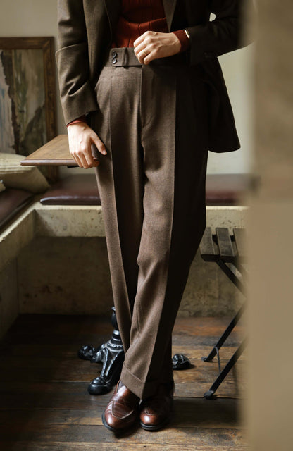Suit Trousers with Parisian Side Adjusters and High-Waisted — Flannel Cigar Brown