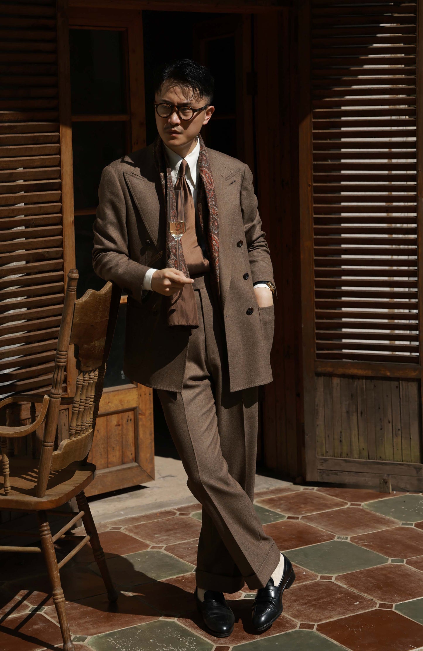 High-Waisted Flannel Suit Trousers with Parisian Side Adjusters — Withered Wood Brown