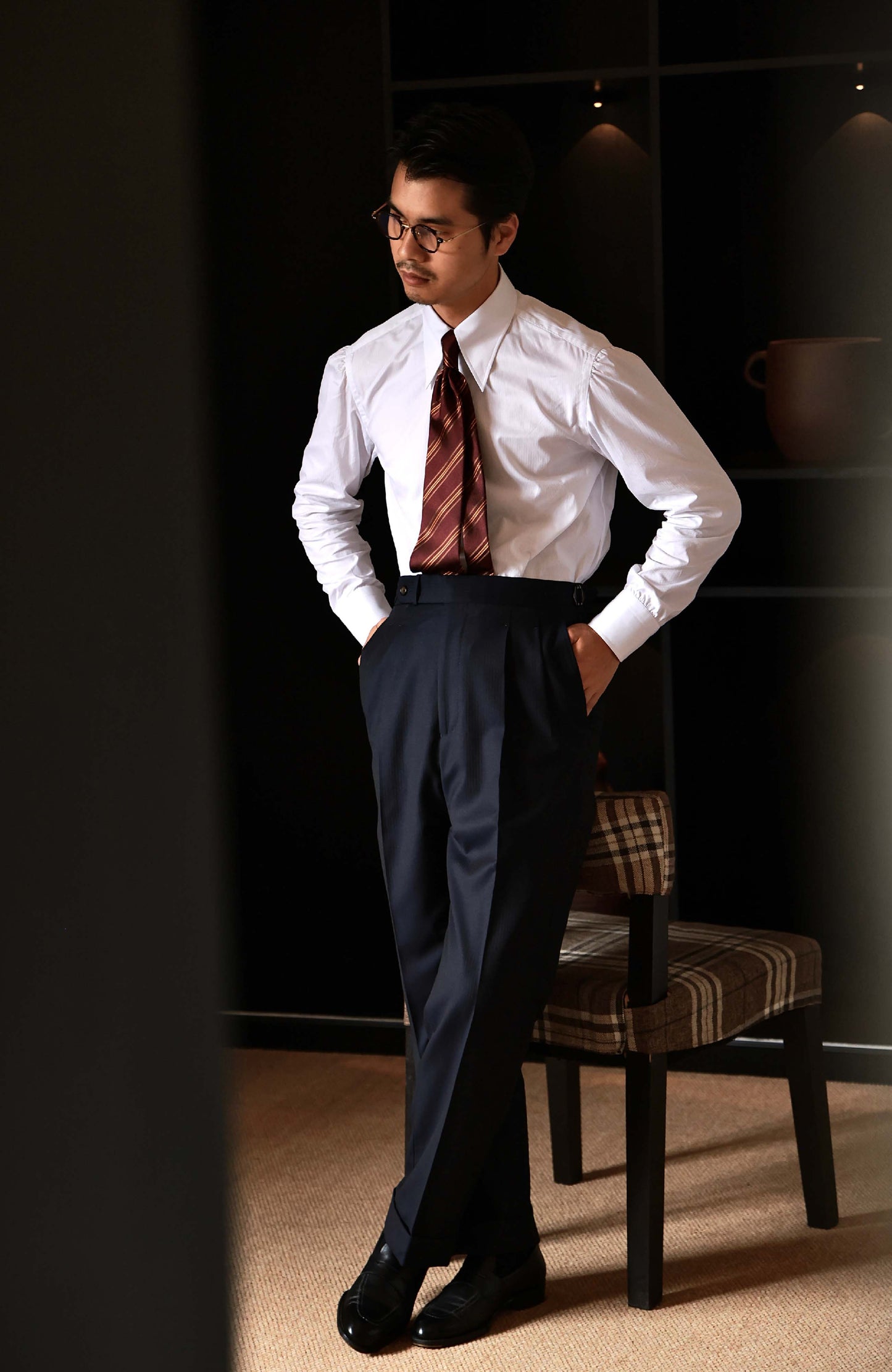 Wool-Silk Herringbone High-Waisted Suit Trousers with Side Adjusters — Abyss Blue