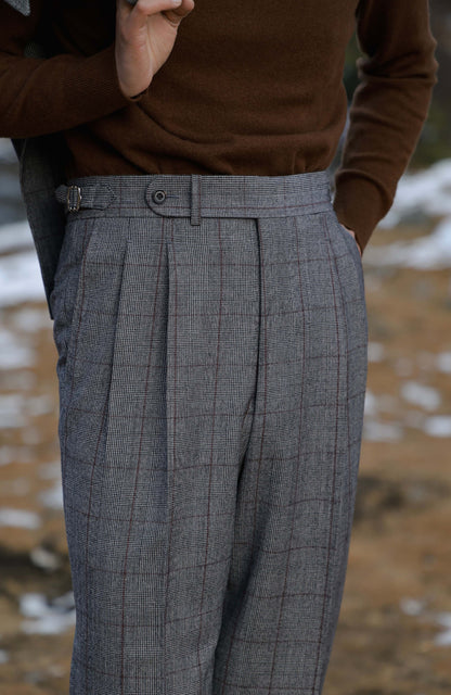 High-Waisted Flannel Suit Trousers with Parisian Side Adjusters — Prince of Wales Check