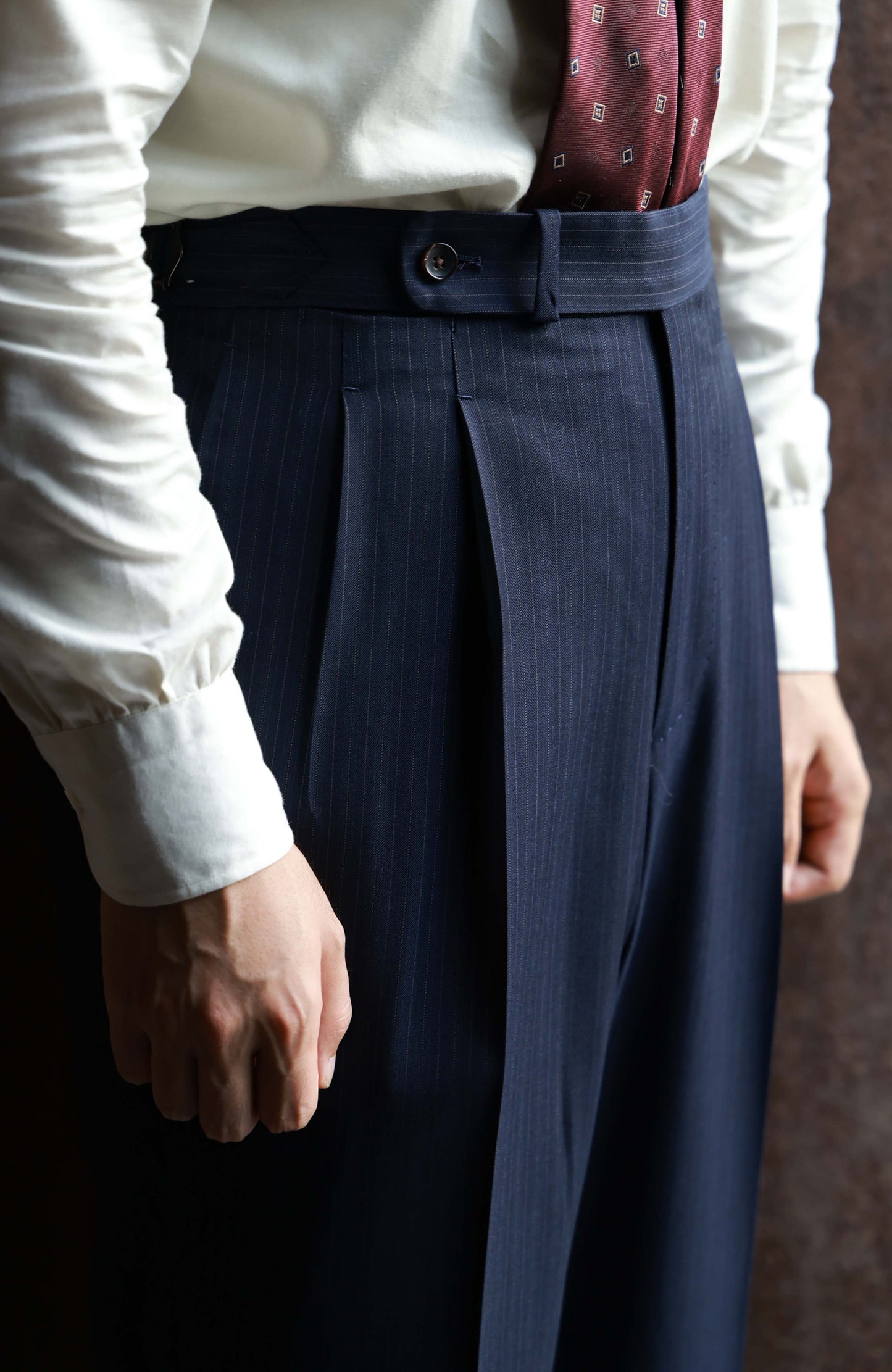 Suit Trousers with Parisian Side Adjusters and High-Waisted — Navy Pin Stripe
