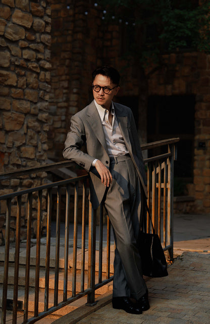 140s Merino Wool High-Waisted Suit Trousers with Side-Adjusters — Stone Grey Herringbone