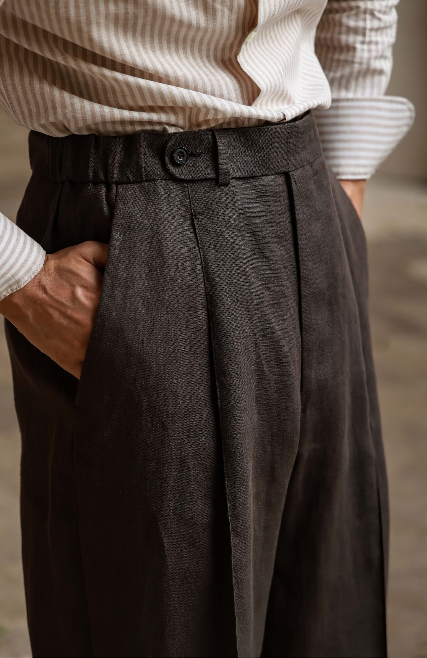 Hemp Wide-Leg Elasticated Waist with Drawstring Trousers — Driftwood Brown