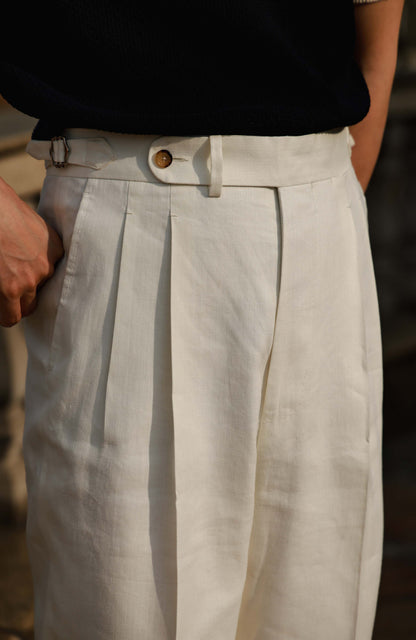 Tussah Silk-Linen Blend Textured Twill High-Waisted Trousers with Side-Adjusters — Wheat White