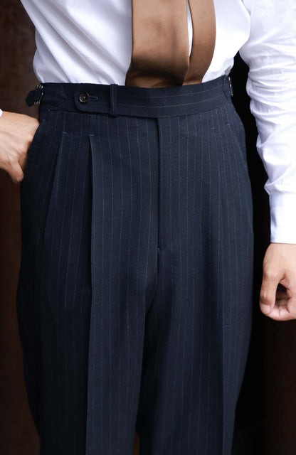 High-Waisted Flannel Suit Trousers with Parisian Side Adjusters — Navy Chalk Stripe