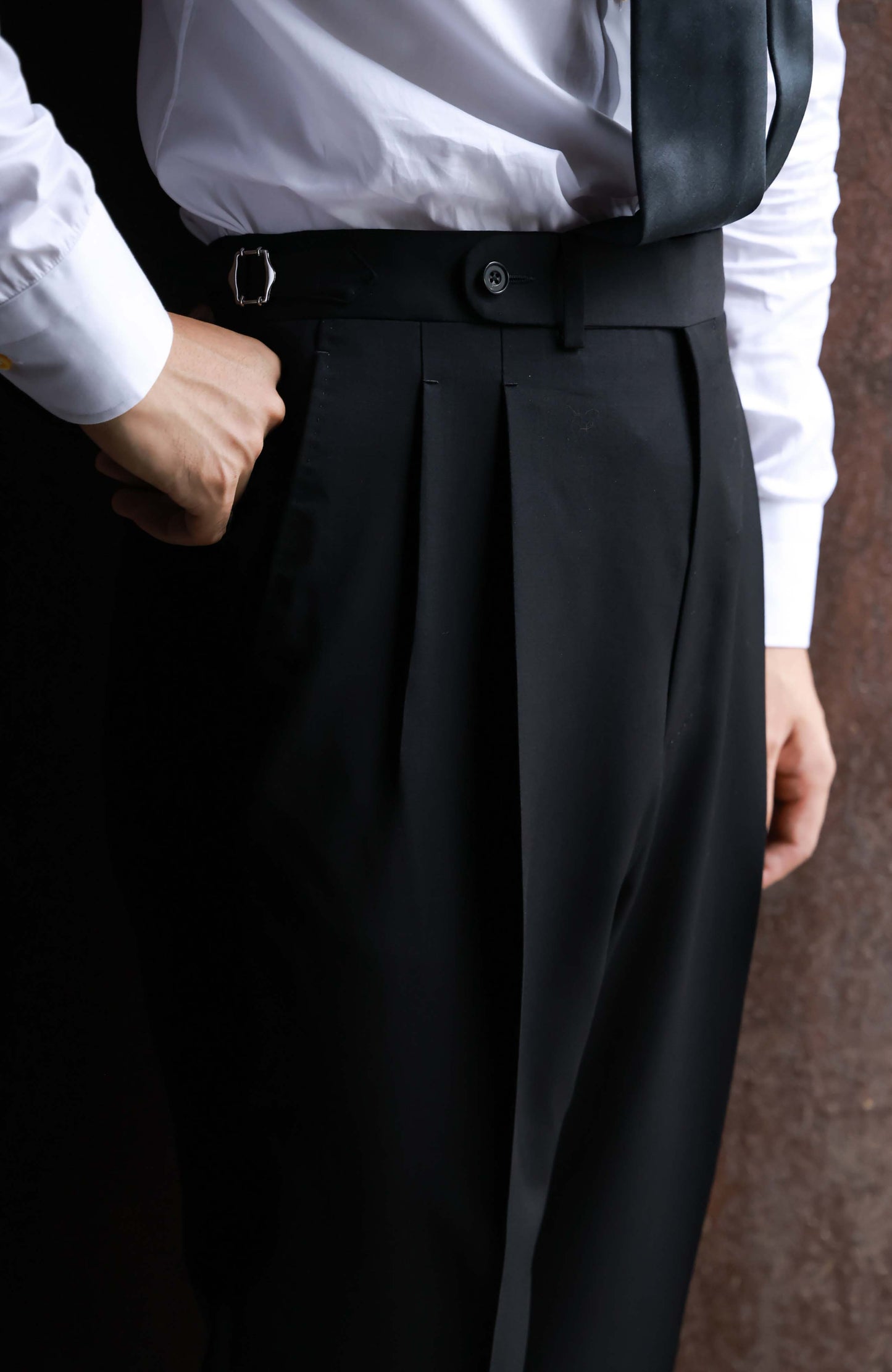 Tollegno 1900 High-Waisted Suit Trousers with Parisian Side Adjusters — Midnight Black