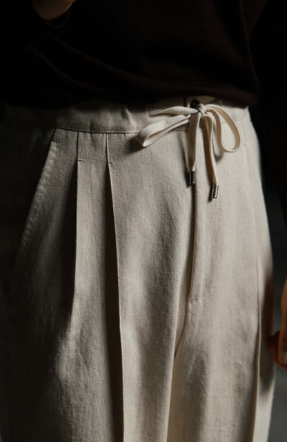 Heavyweight Linen Elasticated Waist with Drawstring Trousers — Oat Beige