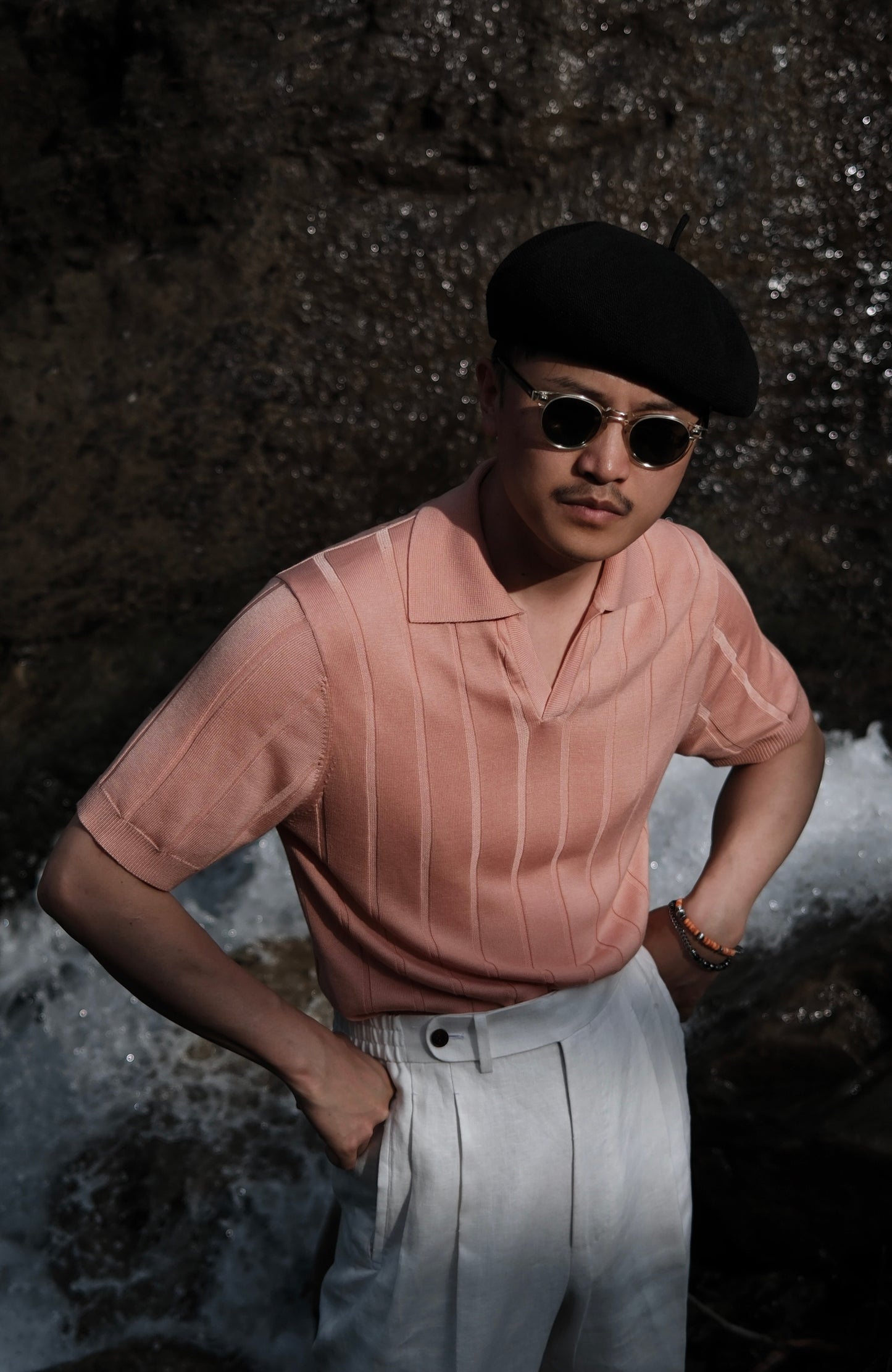 「Cold Sea Coral」Mulberry silk-cashmere blend Unisex Knit Short-Sleeve Polo Shirt