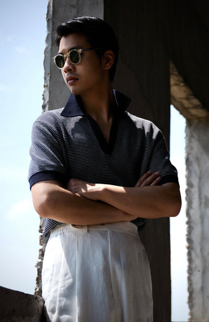 Open Collar Cotton Knitted Polo Indigo