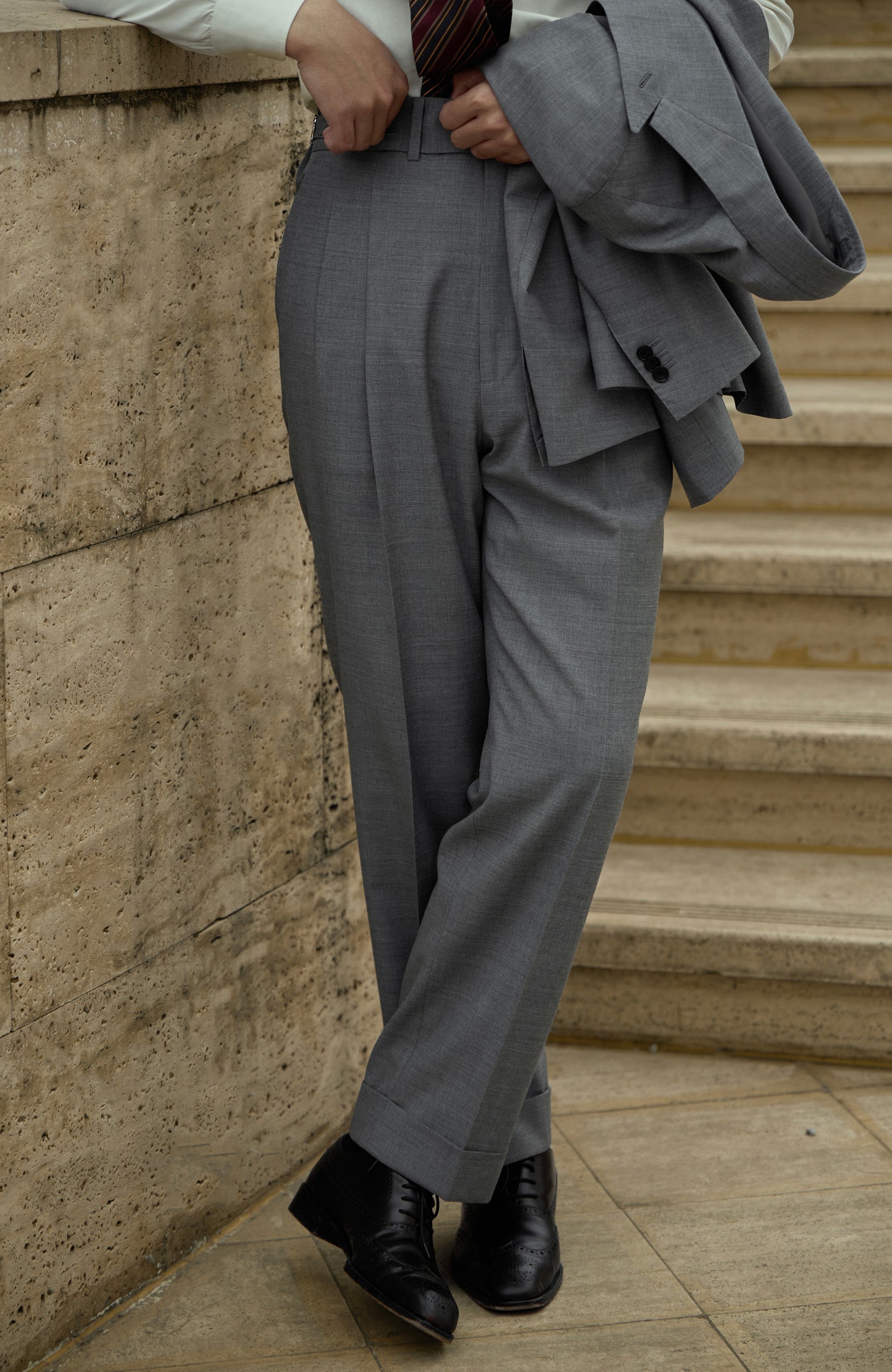 Tollegno 1900 High-Waisted Suit Trousers with Parisian Side Adjusters — Eclipse Grey