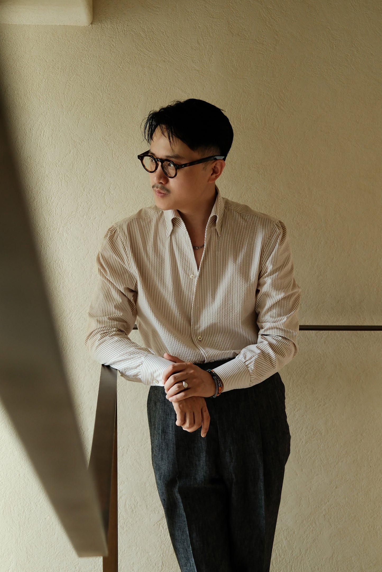 One-piece Collar Shirt — Brown Pencil Stripe Seersucker