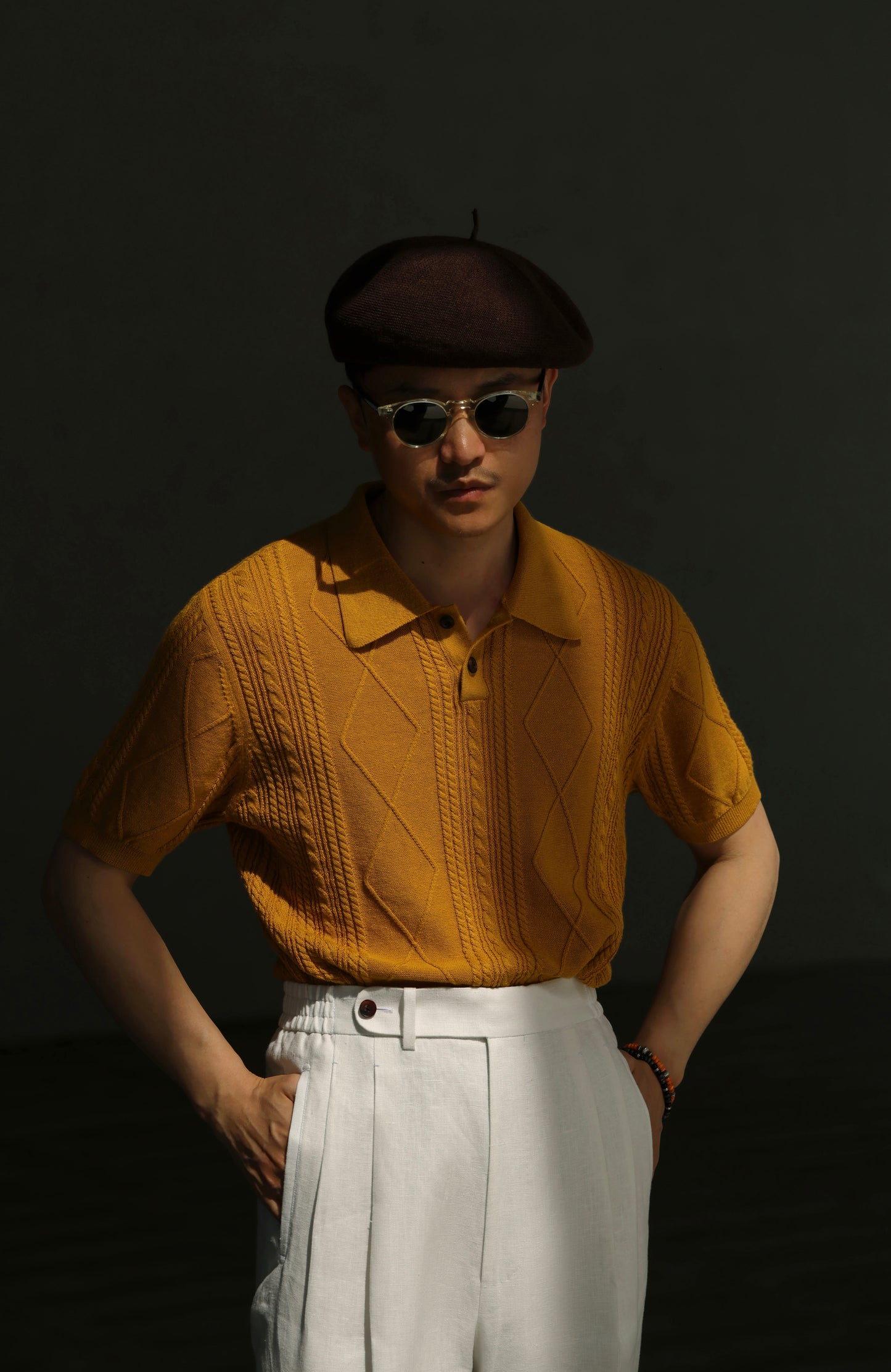 Linen/Cotton Knitted Polo Beige Amber Gold
