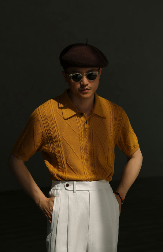 Linen/Cotton Knitted Polo Beige Amber Gold