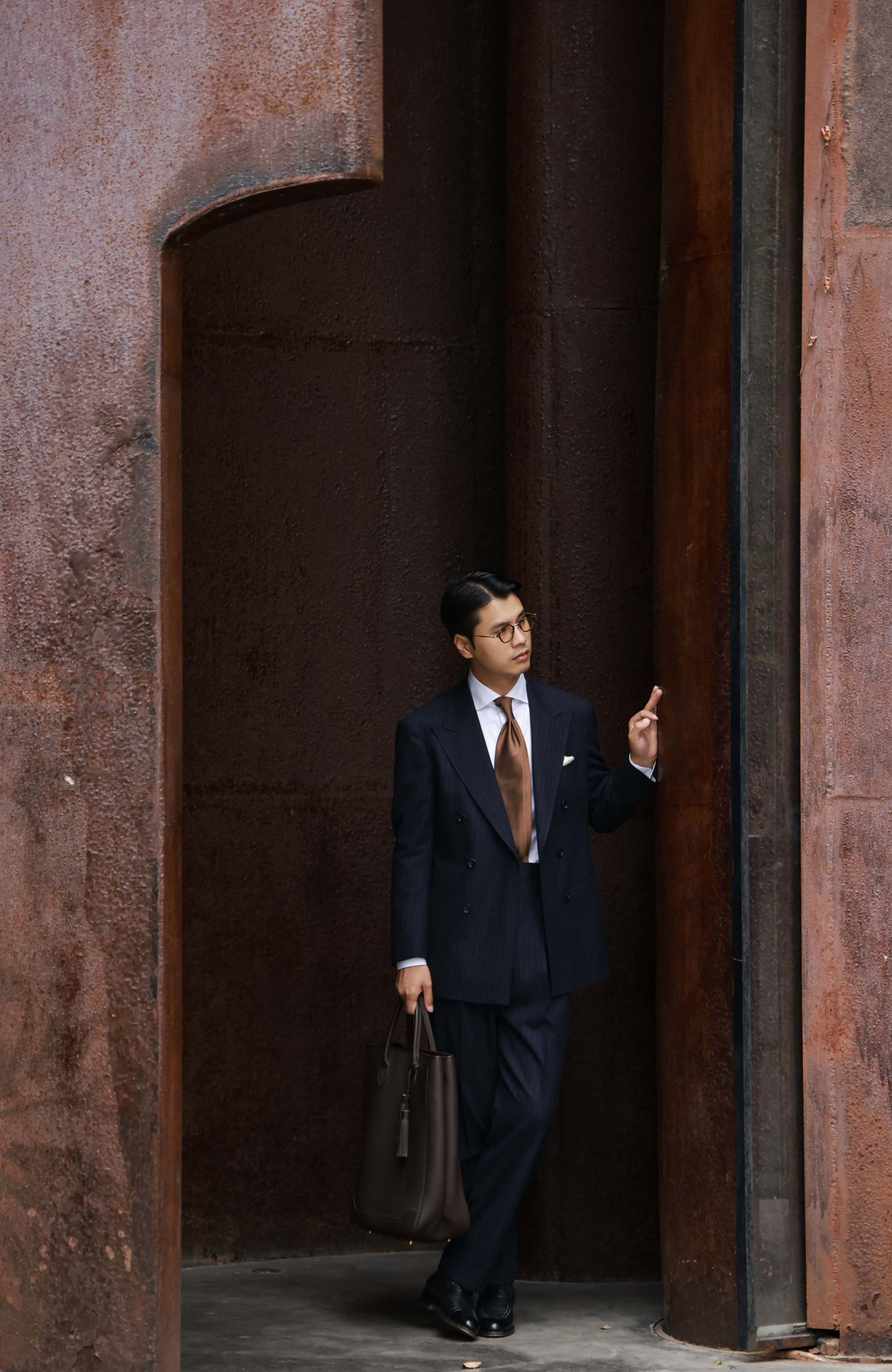 High-Waisted Flannel Suit Trousers with Parisian Side Adjusters — Navy Chalk Stripe