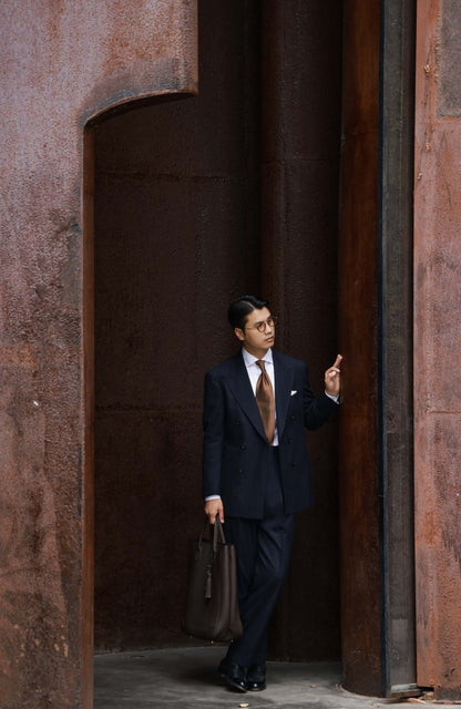 High-Waisted Flannel Suit Trousers with Parisian Side Adjusters — Navy Chalk Stripe