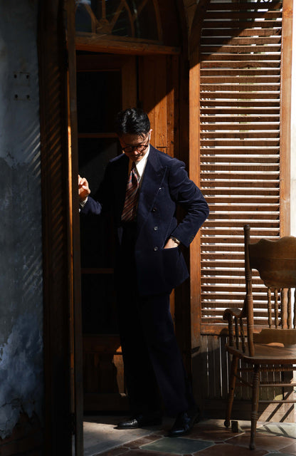 High-Waisted Japanese Corduroy Suit Trousers with Parisian Side Adjusters — Midnight Sheen Navy