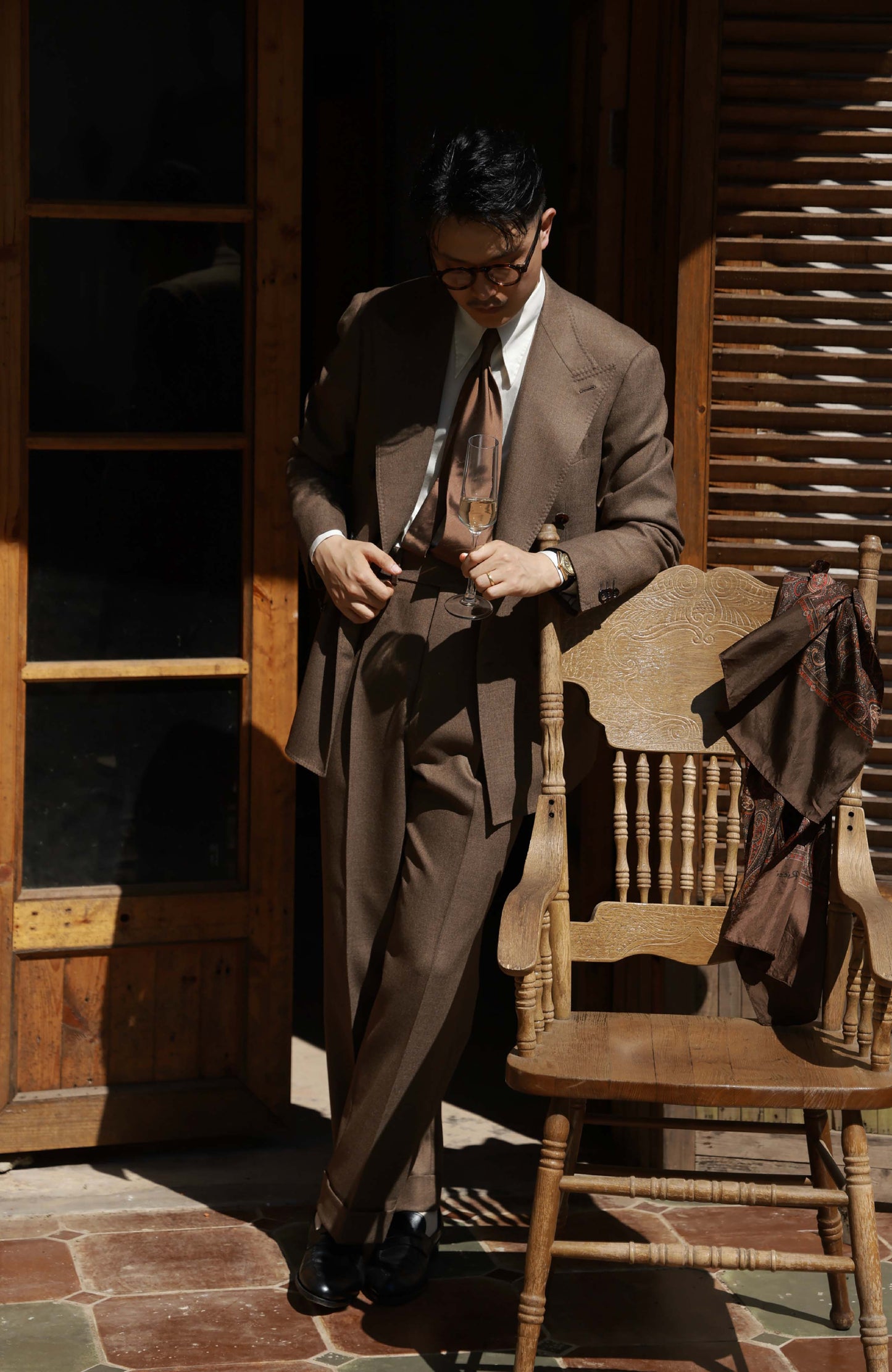 High-Waisted Flannel Suit Trousers with Parisian Side Adjusters — Withered Wood Brown