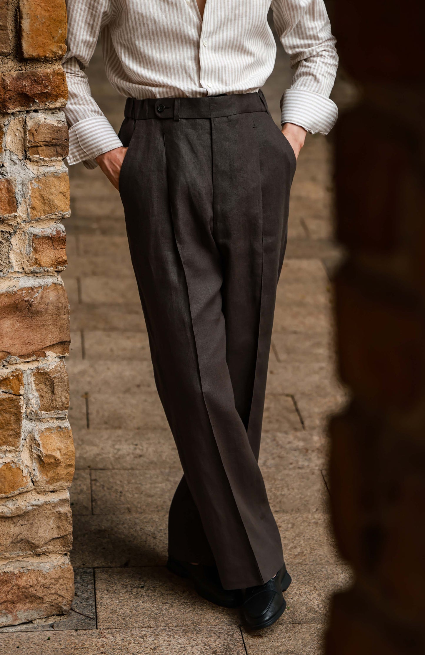 Hemp Wide-Leg Elasticated Waist with Drawstring Trousers — Driftwood Brown