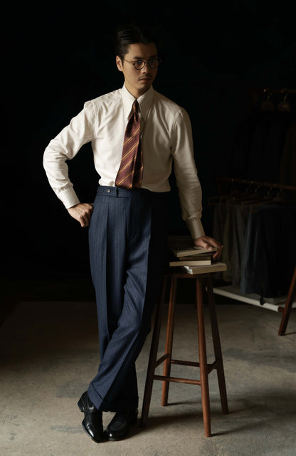 High-Waisted Suit Trousers with Parisian Side Adjusters — Parliament Blue Pinstripe