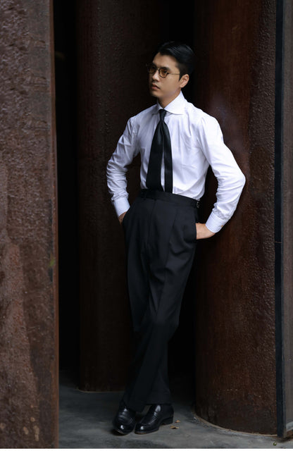 Tollegno 1900 High-Waisted Suit Trousers with Parisian Side Adjusters — Midnight Black