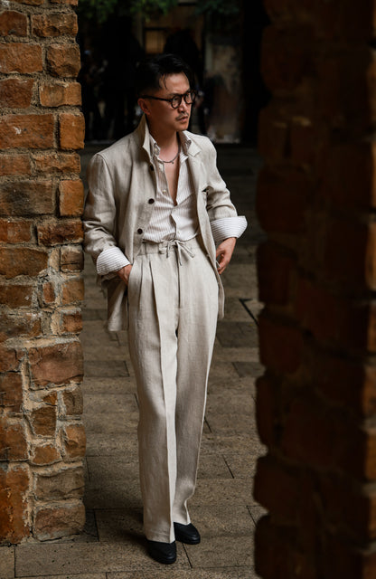 Heavyweight Linen Elasticated Waist with Drawstring Trousers — Harvest Beige