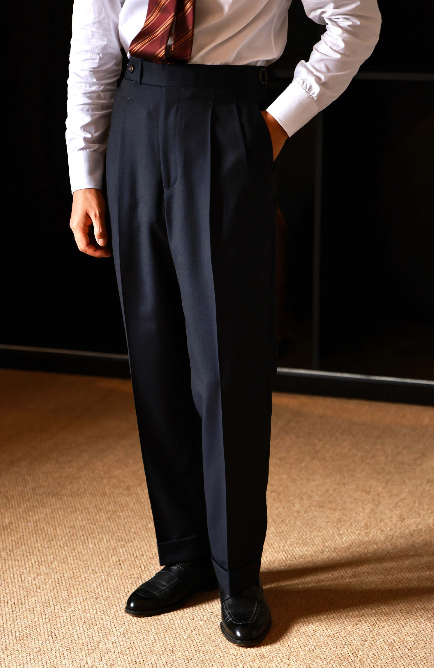 Wool-Silk Herringbone High-Waisted Suit Trousers with Side Adjusters — Abyss Blue