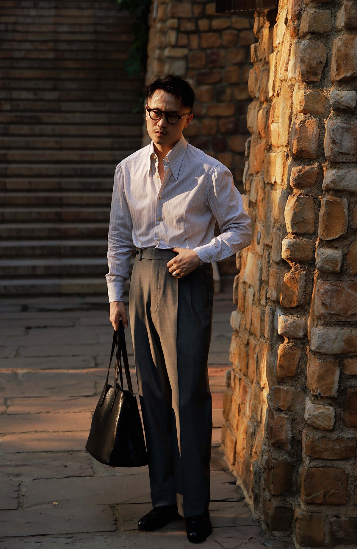 140s Merino Wool High-Waisted Suit Trousers with Side-Adjusters — Stone Grey Herringbone