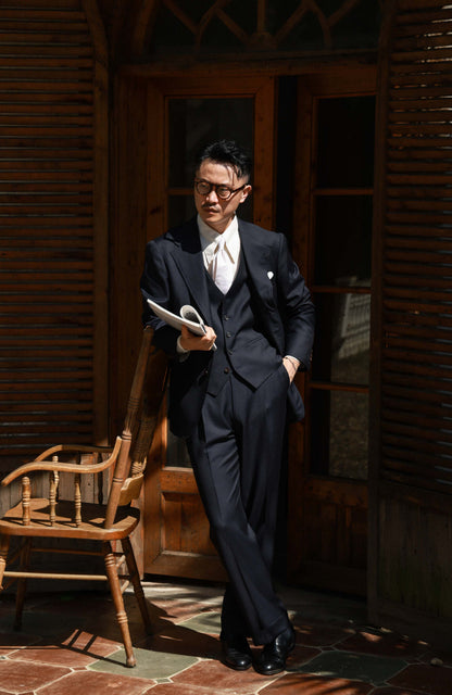 Drago Vantage Wool Herringbone High-Waisted Trousers with Side-Adjusters — Midnight Rain Navy