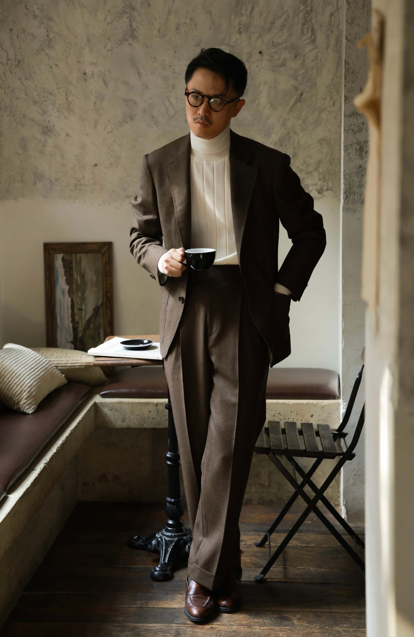 Suit Trousers with Parisian Side Adjusters and High-Waisted — Flannel Cigar Brown