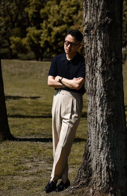High-Waisted Suit Trousers with Side Adjusters — Sandstone Mist