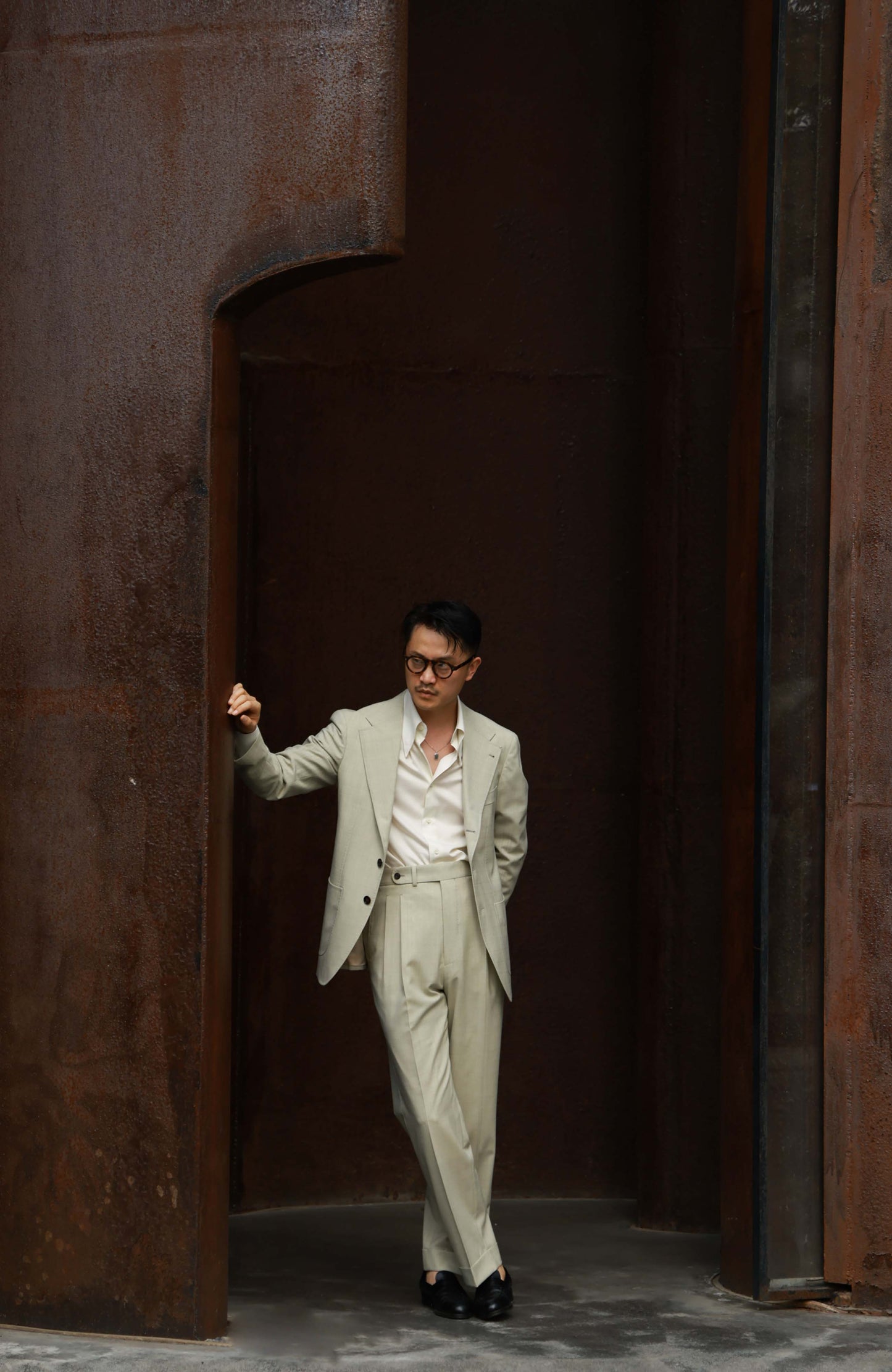 Silk Wool Blend High-Waisted Suit Trousers with Parisian Side Adjusters — Soft Matcha Check