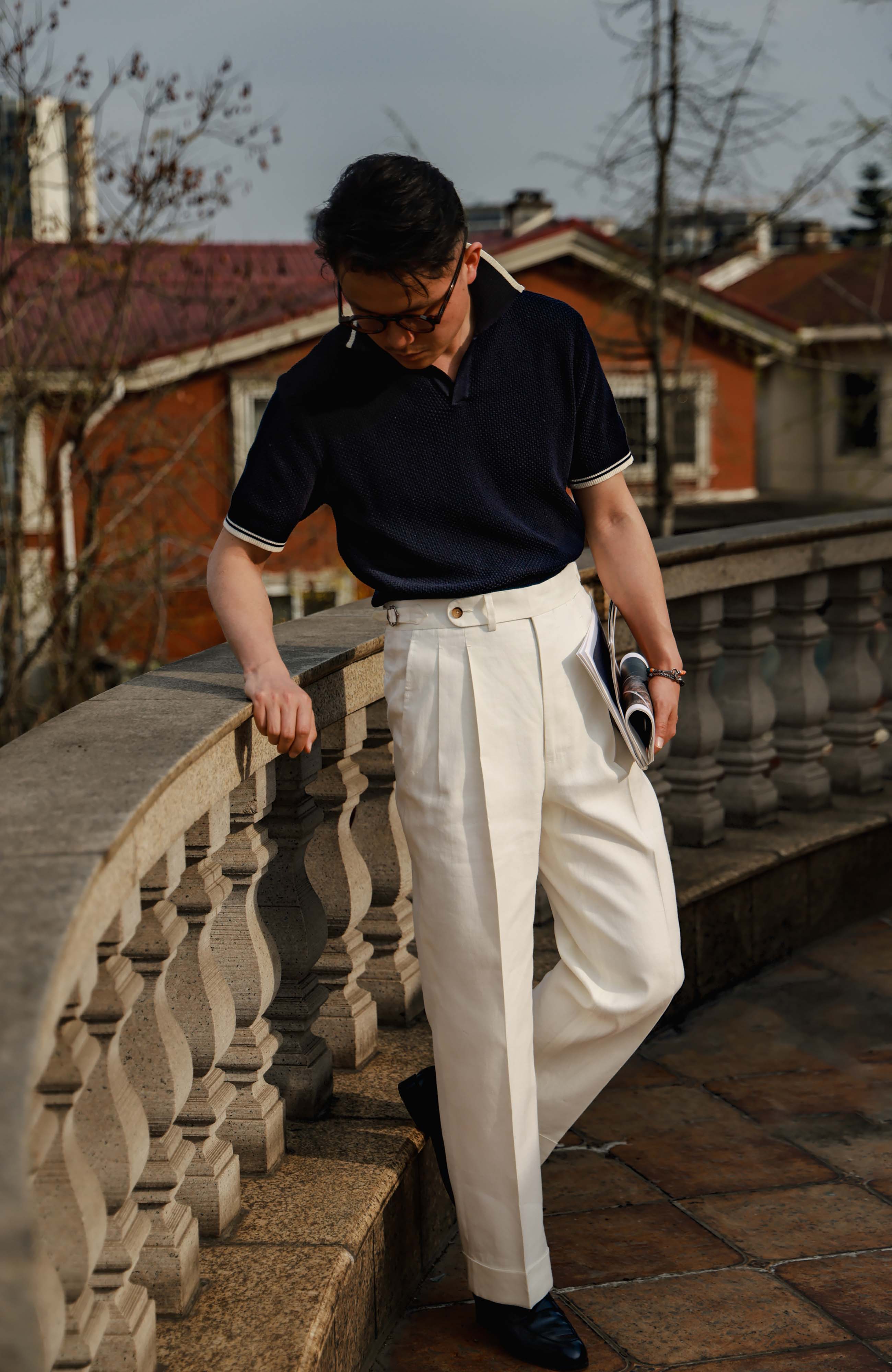 Tussah Silk-Linen Blend Textured Twill High-Waisted Trousers with