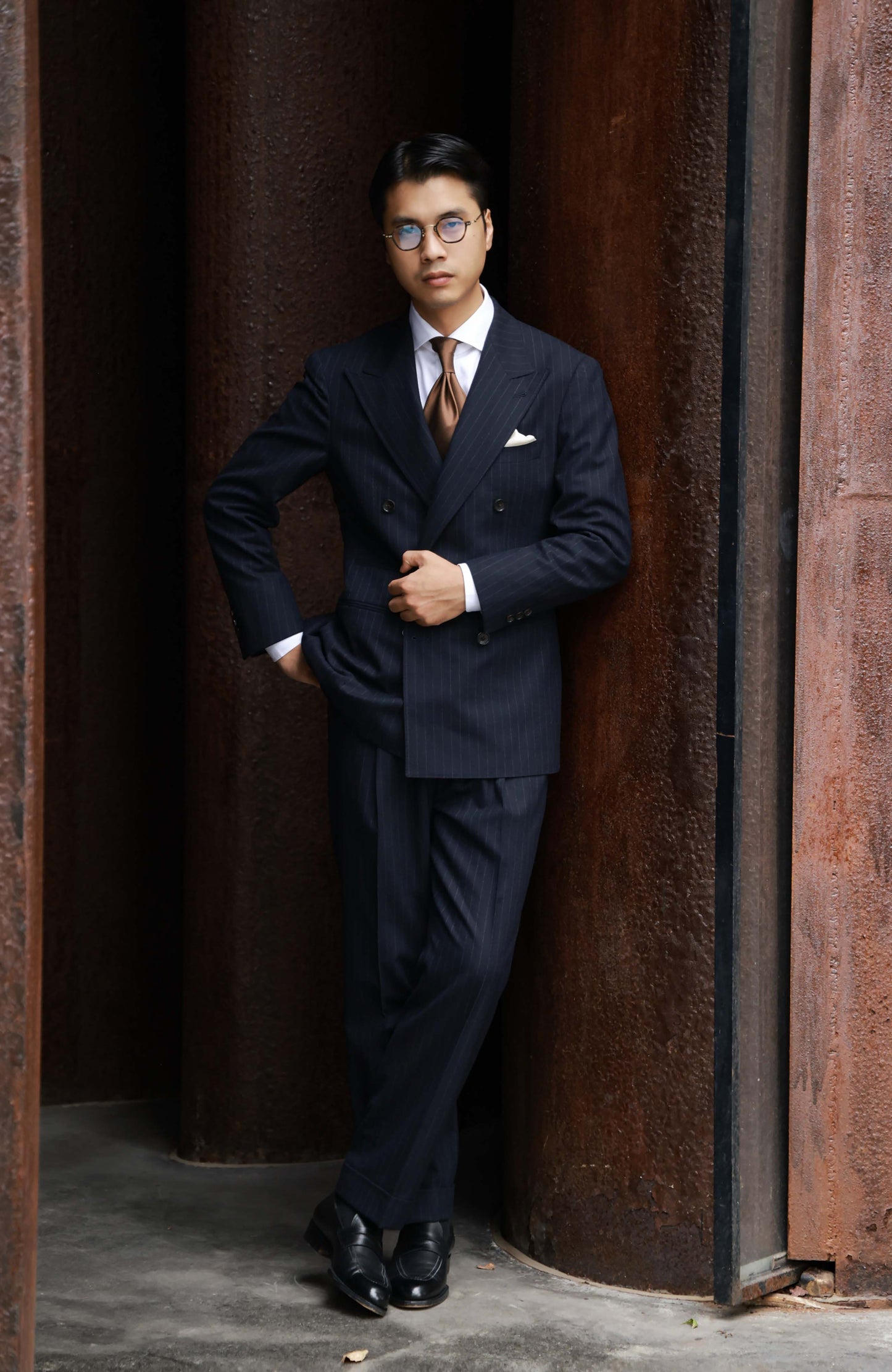 High-Waisted Flannel Suit Trousers with Parisian Side Adjusters — Navy Chalk Stripe